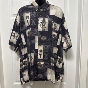 Harley Davidson Motorcycle Print Button Up Shirt Mens XL Black Tan Short Sleeve